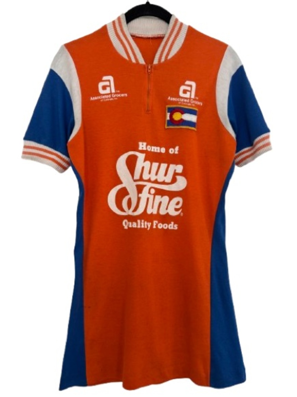 Vintage Cool Gear Cycling Jersey Orange Blue Stripe Shur Fine Foods Retro
